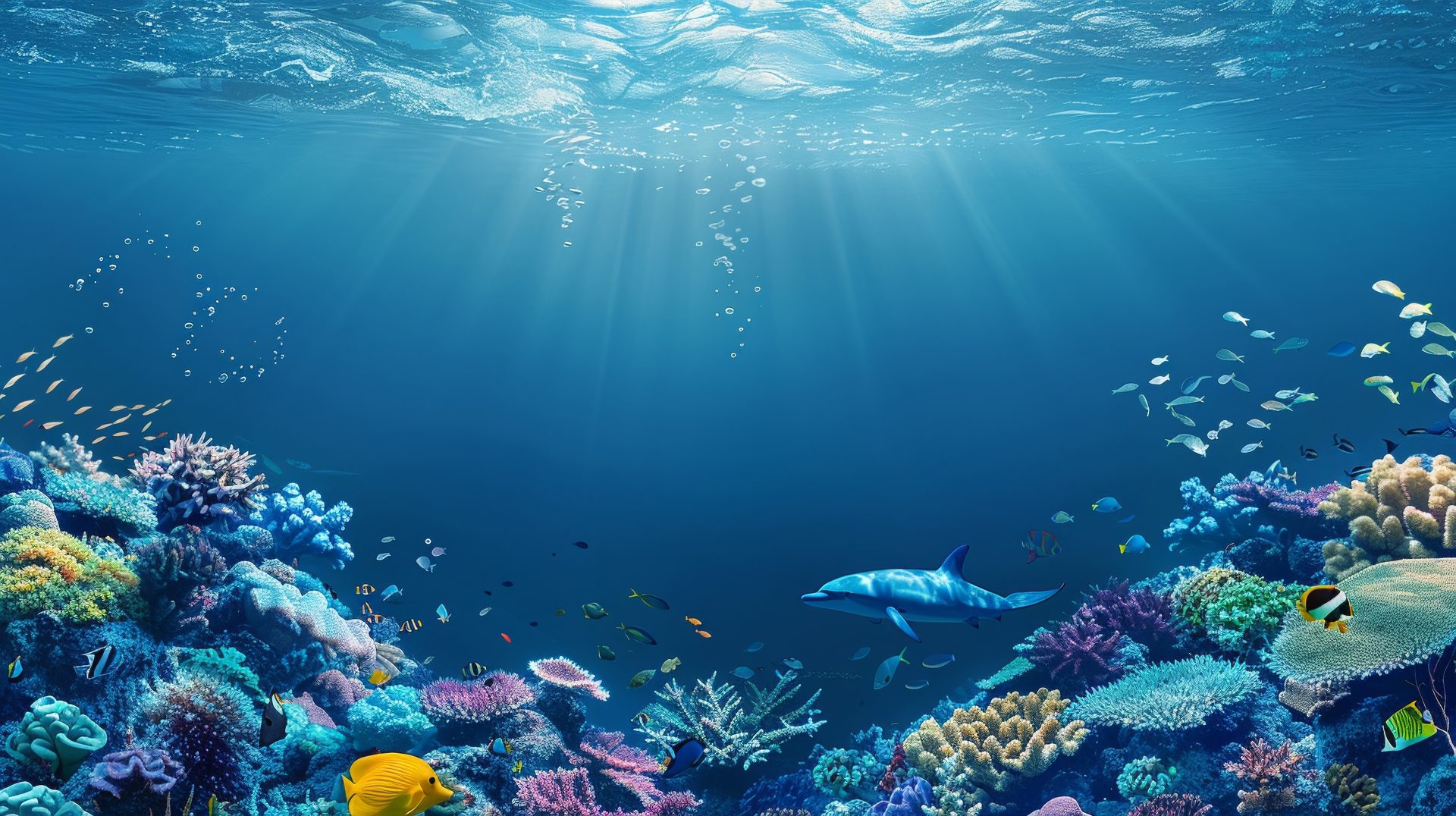 Sunlit coral reef teeming with fish and marine life