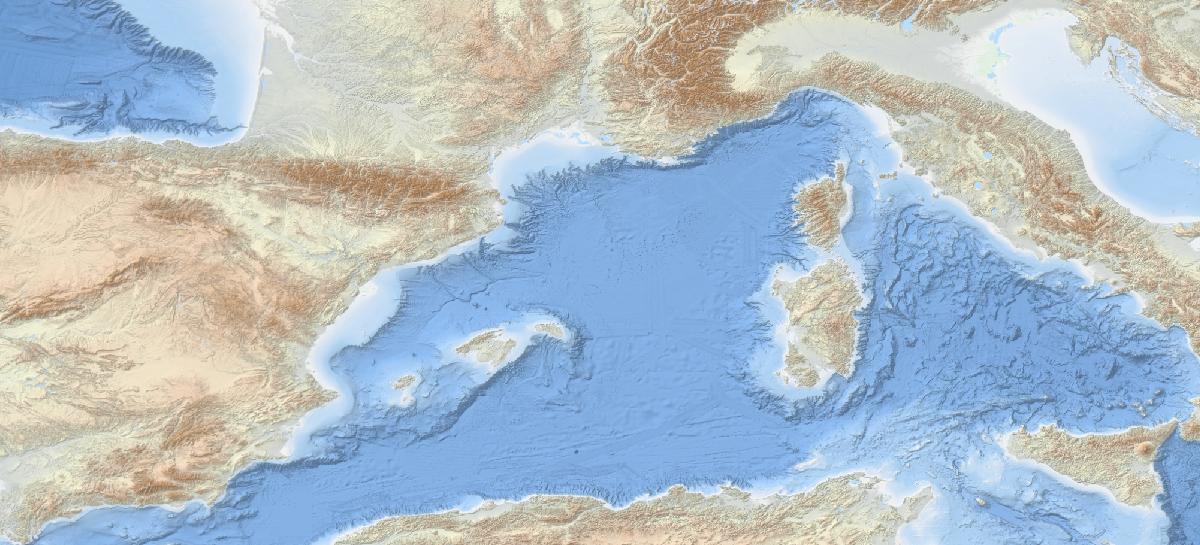 Map block: Natura 2000 sites of the western Mediterranean, over the EMODnet bathymetry.