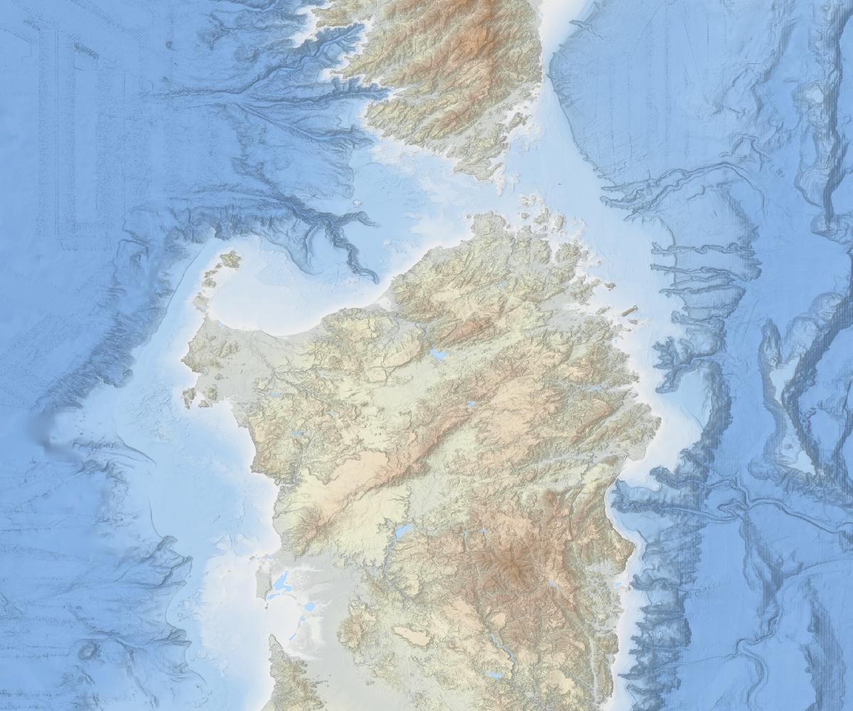 Map block: a layer picked from the list, here Posidonia oceanica meadows over the EMODnet bathymetry around Corsica and Sardinia.